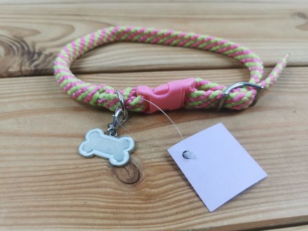 Honden halsbandje roze/limegroen +/-40cm + botje